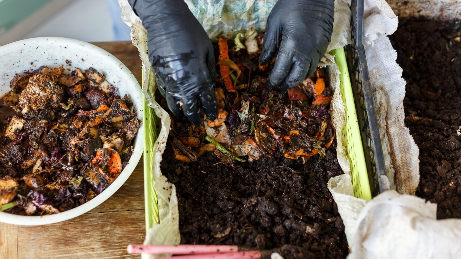 A gardener wearing black gloves adds kitchen food leftovers to the top of black compost in a large black worm bin.