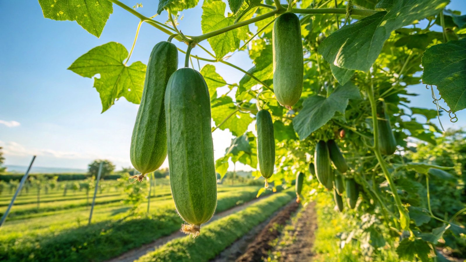 Sprawling vines with rough, heart-shaped leaves and curling tendrils support slender green fruits.