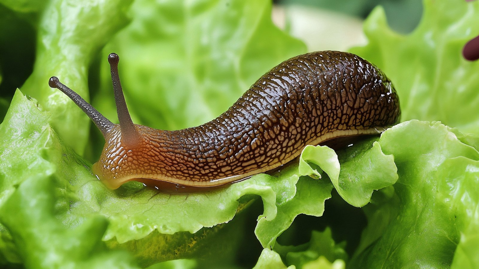 A plump, glistening slug crawls slowly across the surface of a green lettuce leaf, leaving a slimy trail.
