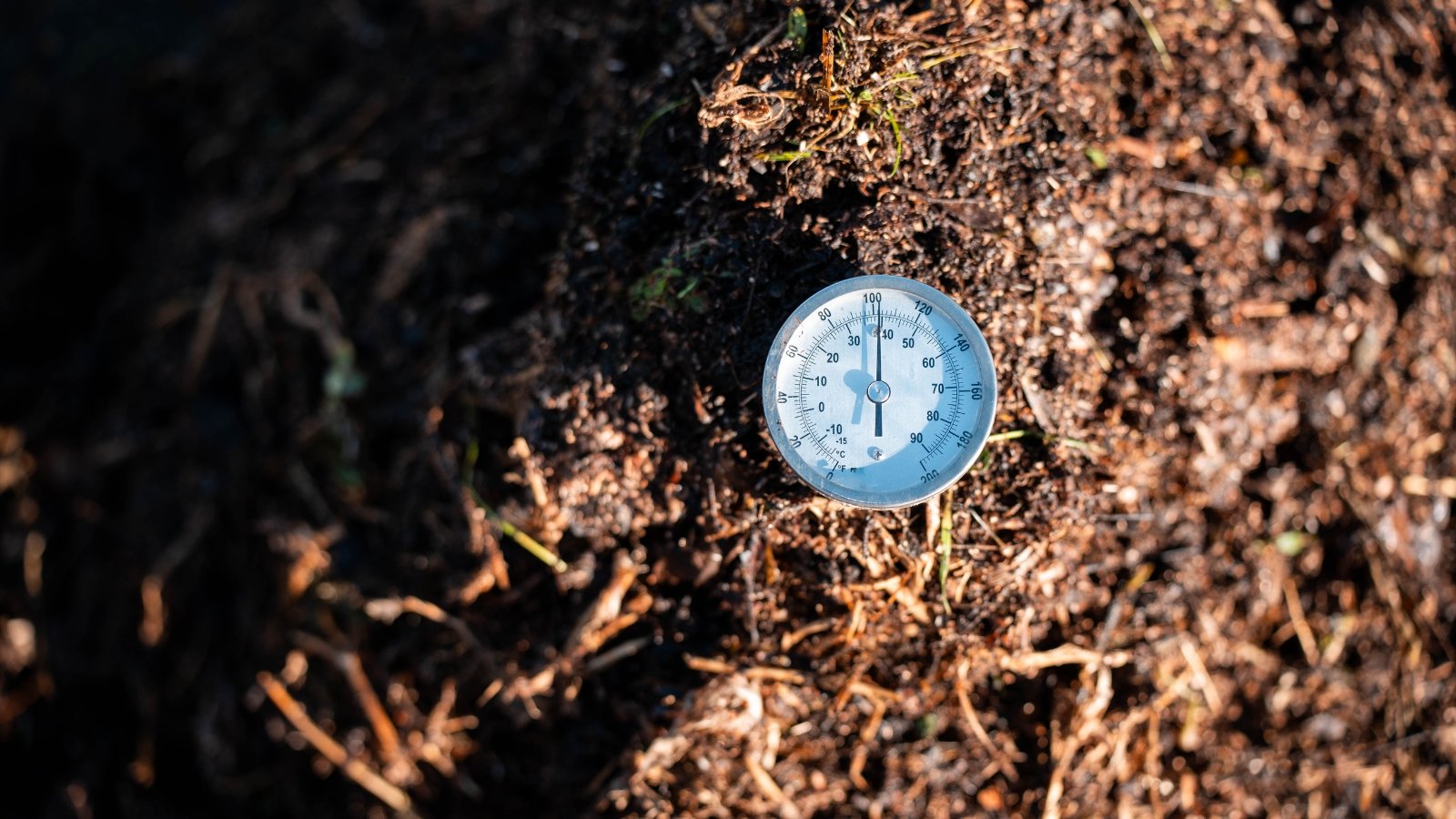 A round thermometer is stuck into a large, textured, dark brown compost pile.