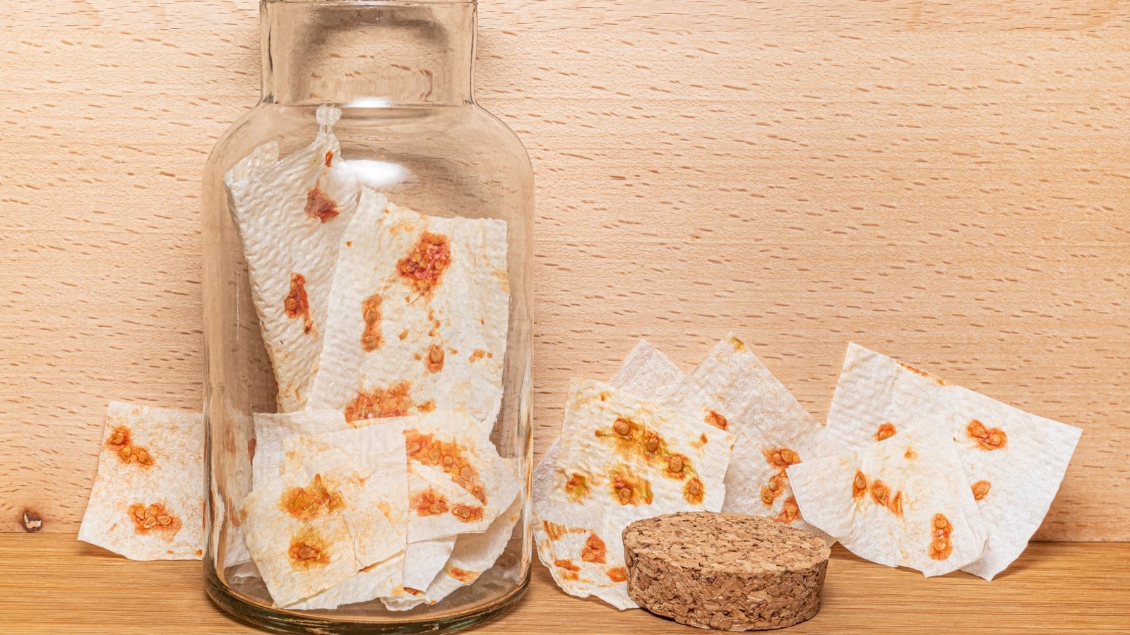 Tomato seeds, spread out and dried on an absorbent paper towel, are ready to be stored in a clear glass airtight jar.