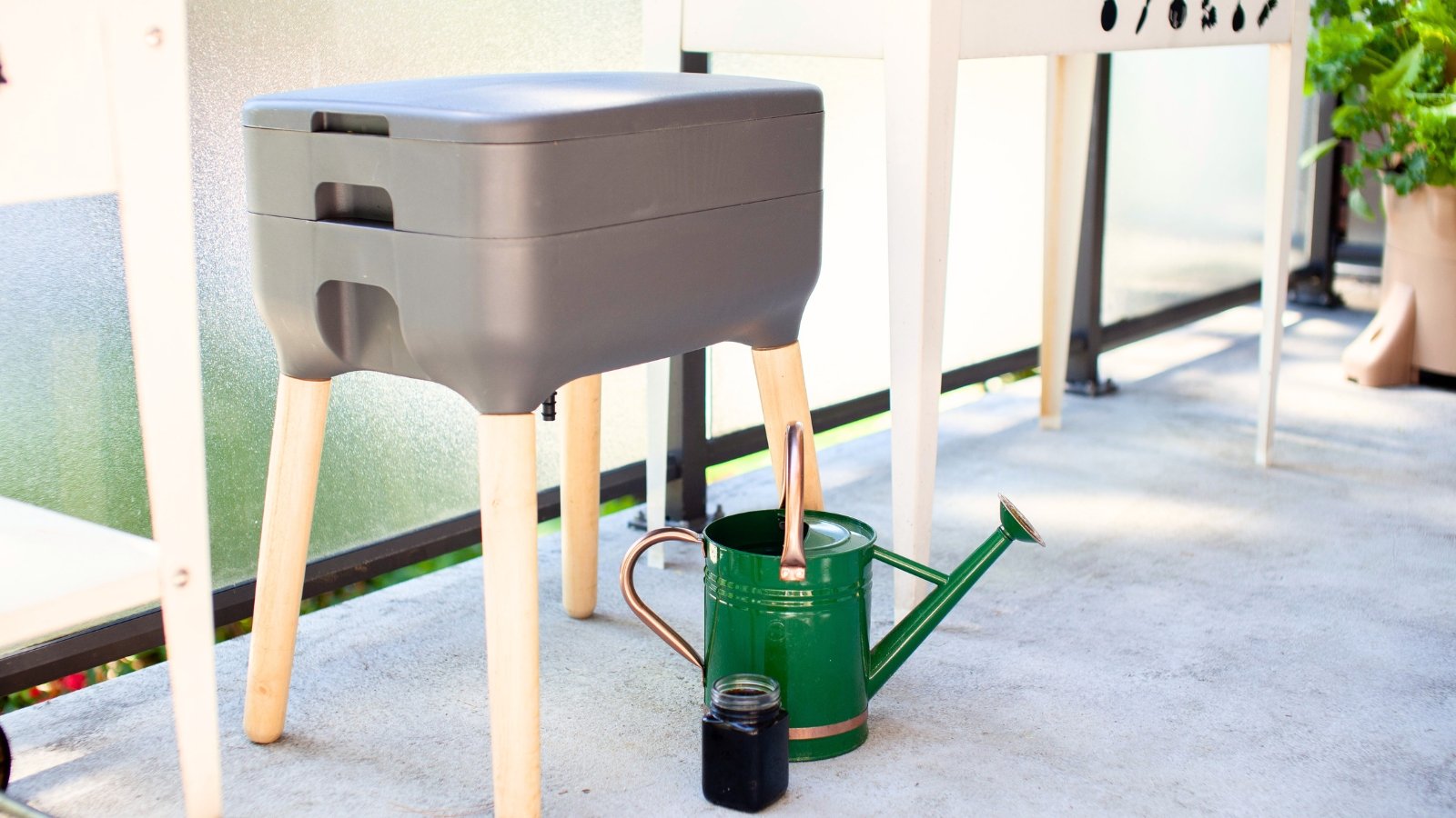 On the balcony stands a gray vermicomposting bin next to a green watering can and a glass jar of black liquid.