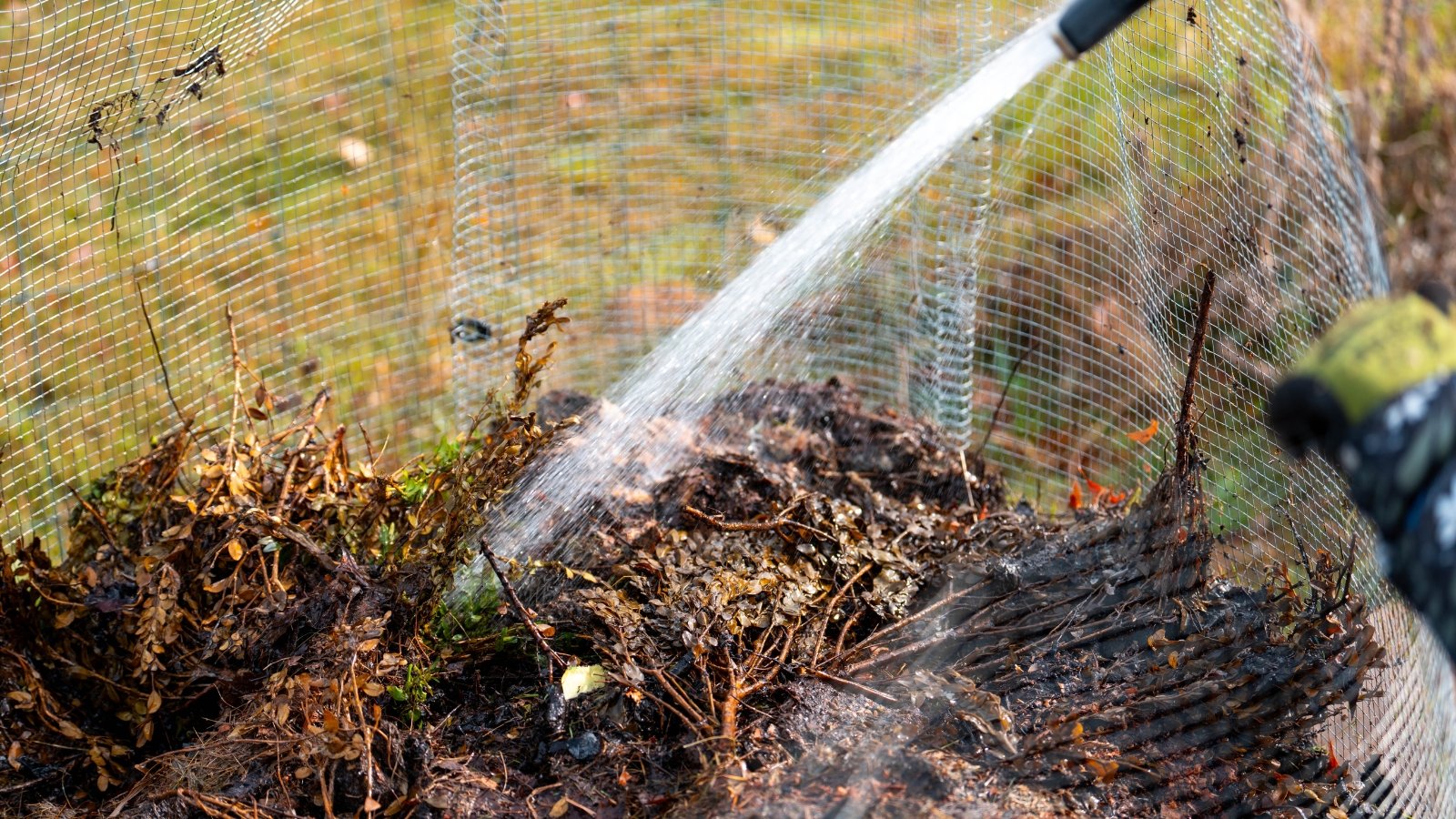 Watering a decomposing compost pile using a high pressure hose in the garden.