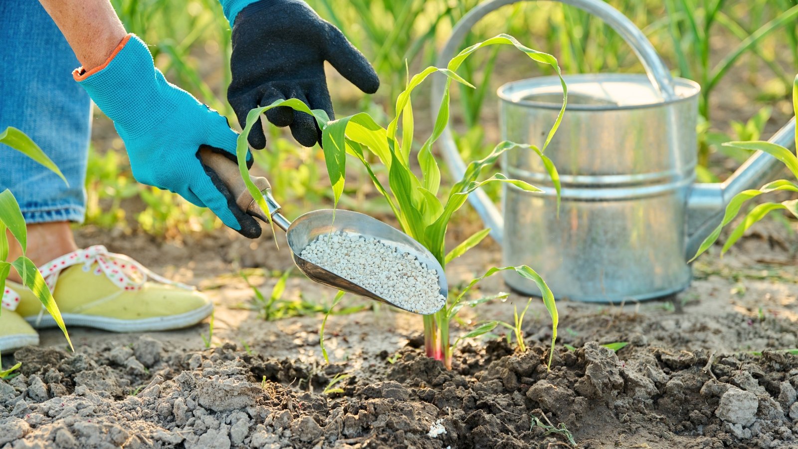 Female gardener in blue gloves applies white granular fertilizer using a garden trowel to a young corn plant in the garden.