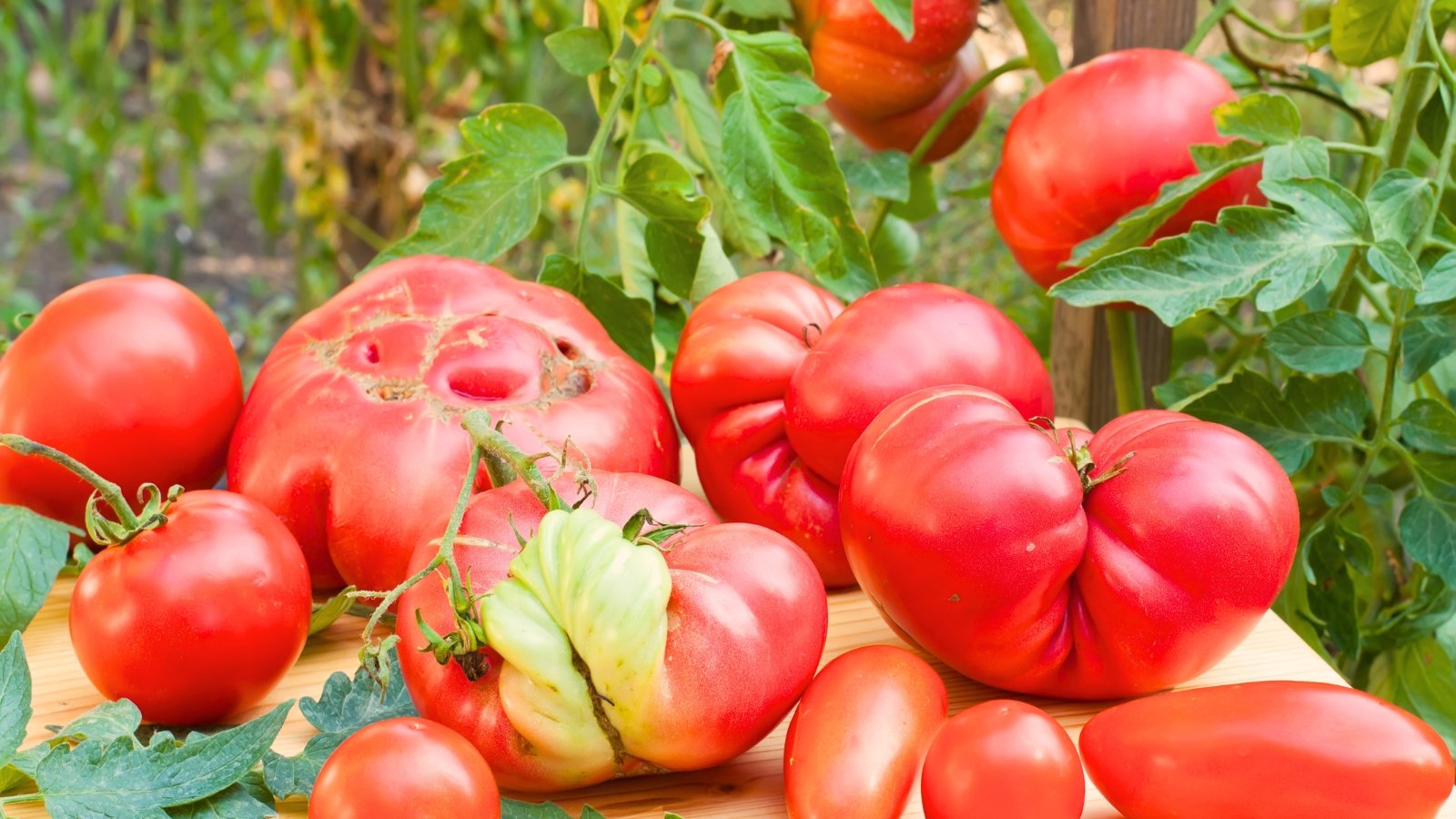 Freshly harvested irregular and deformed tomatoes sit on a wooden table in the garden among lush tomato plants.