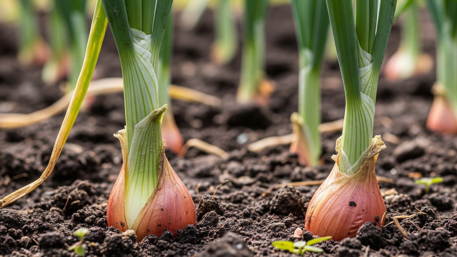 Red onions with tall green tops emerge from rich, dark soil, their purplish bulbs slightly visible at the surface.