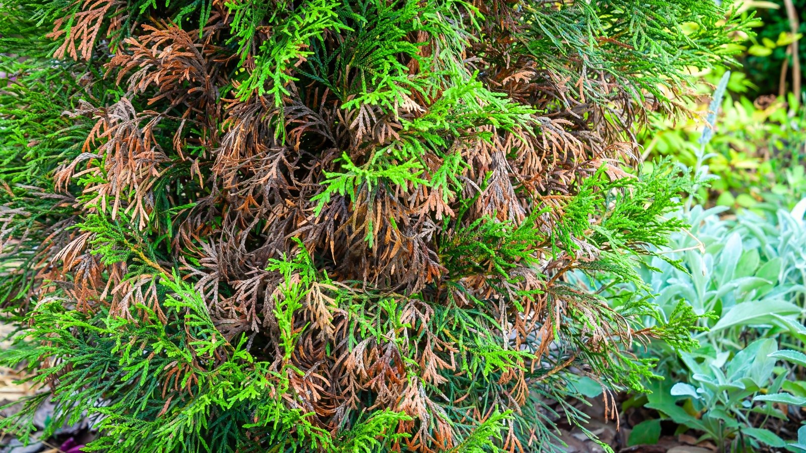 Brown, dried, and dying tips on evergreen thuja branches signaling tip blight.
