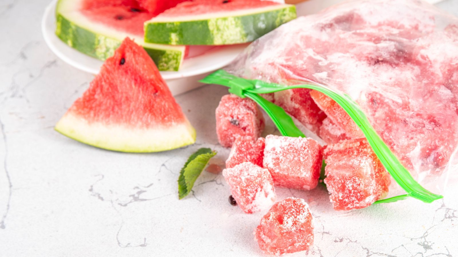 A close-up shot of a slice of frozen fruits alongside a plastic bag filled with cubes of the same frozen fruit
