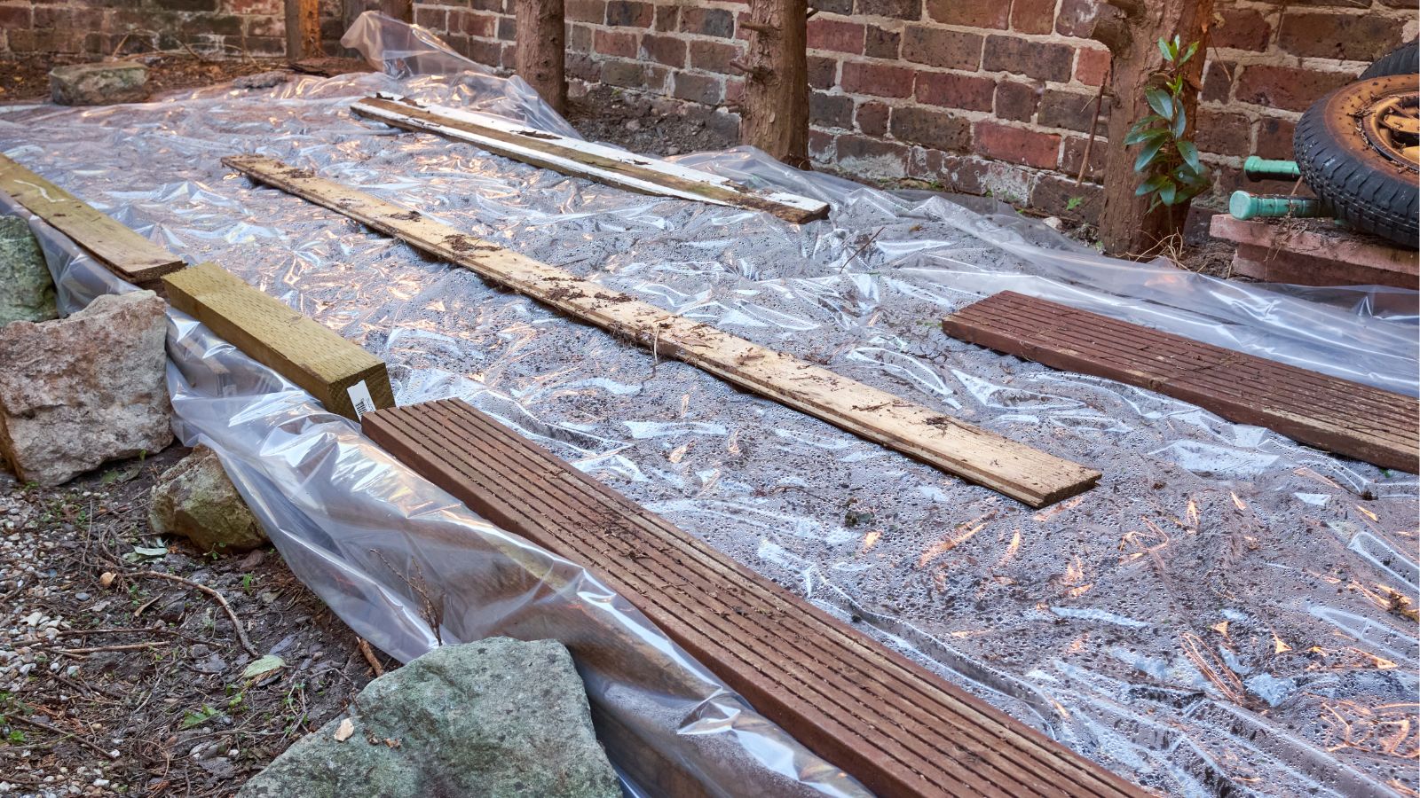 A shot of a clear tarp, weighed down by planks and rocks placed on top of a raised bed in a large yard area outdoors