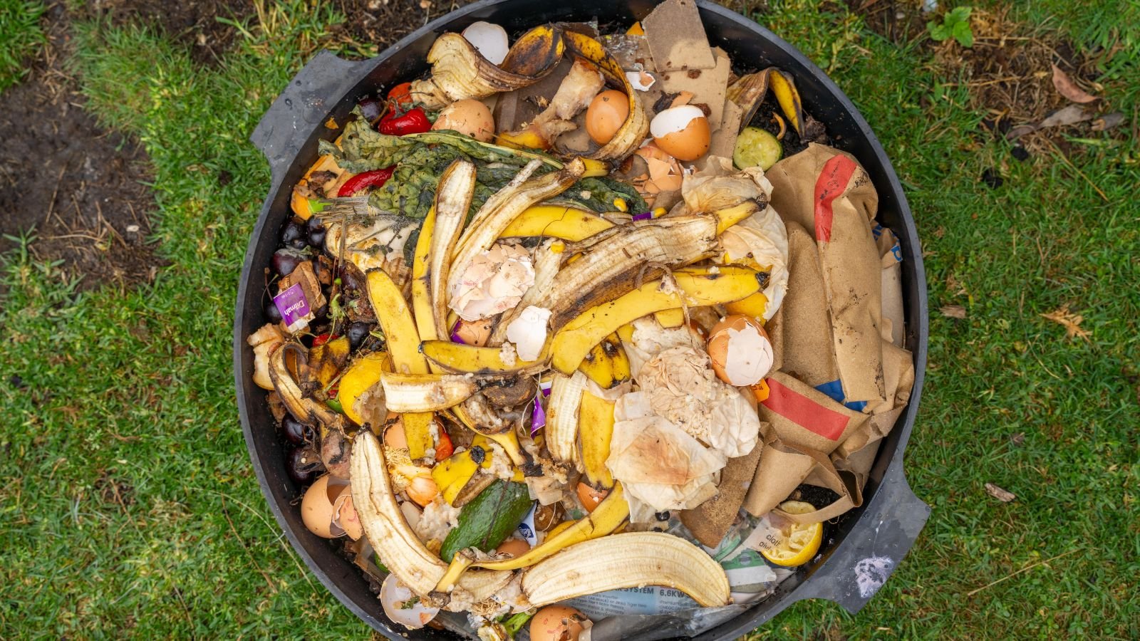 An overhead and close-up shot of a large round bin filled with organic waste placed in a well lit area outdoors