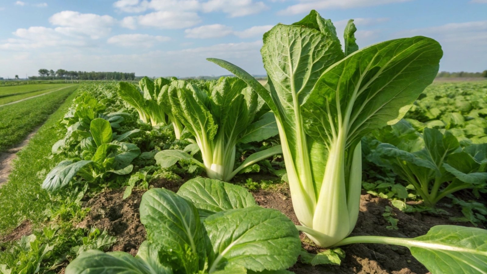 A field of large, upright green leafy plants with thick, smooth white stems growing in rows.