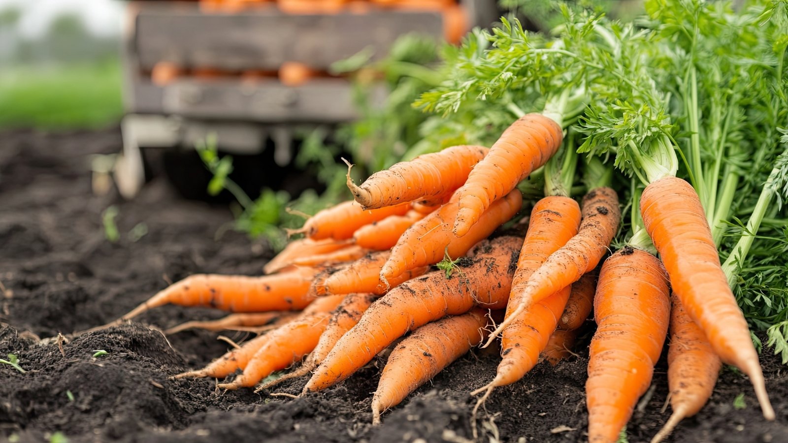 Bright orange, tapered roots lying on the soil with feathery green tops partially attached.