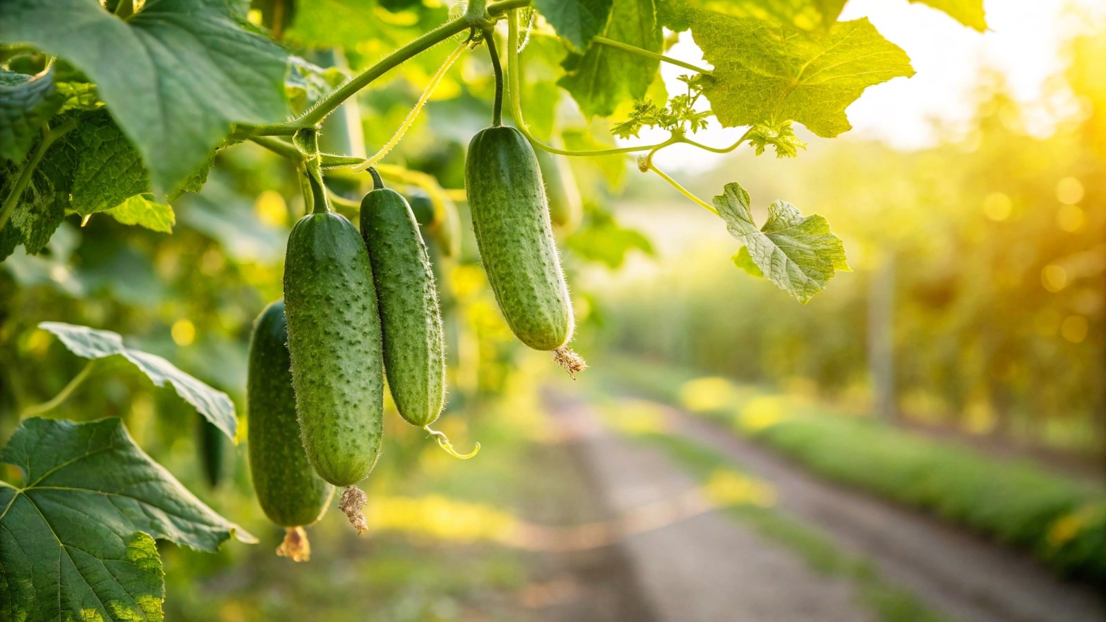 Slender, trailing stems with large, lobed dark green leaves and elongated green fruits hanging along the vines.