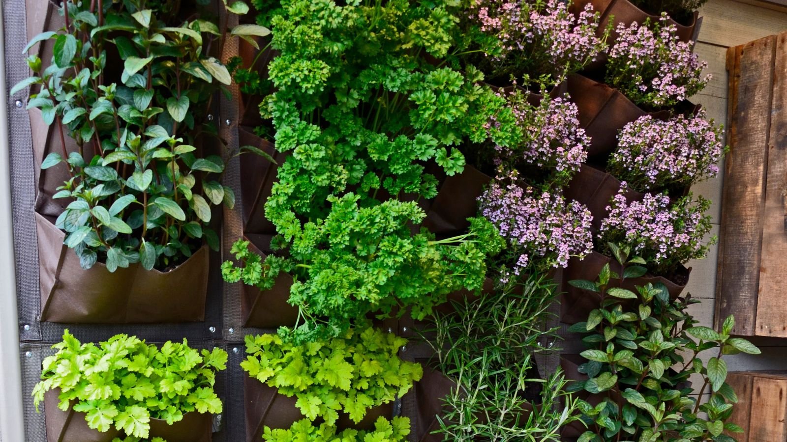 Different plants in vertical containers,, including different herbs and flowering foliage
