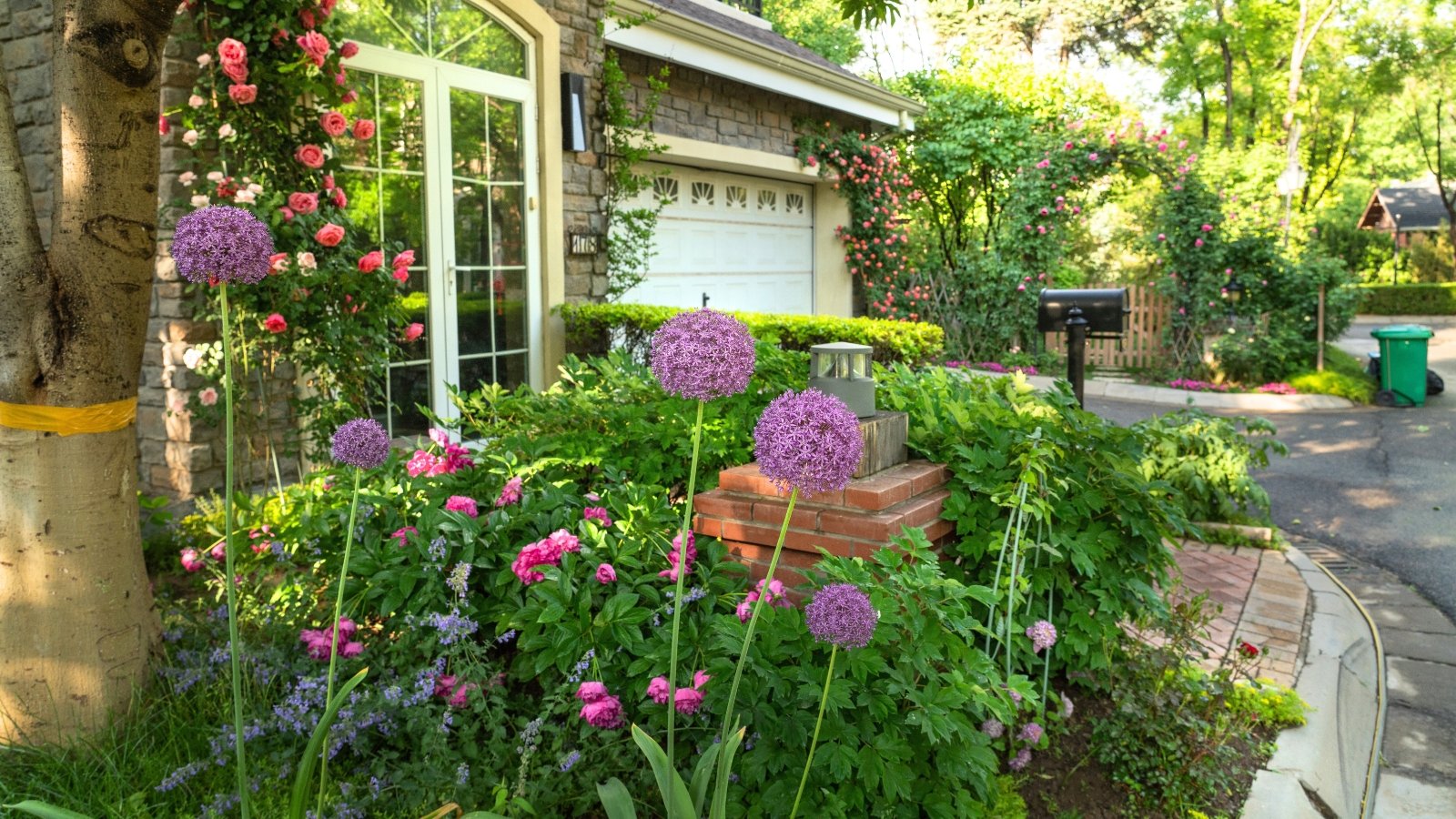 The English style blooming garden features pink roses climbing up the walls and arches, and flower beds with various perennial and annual plants blooming in purple and delicate pink tones.
