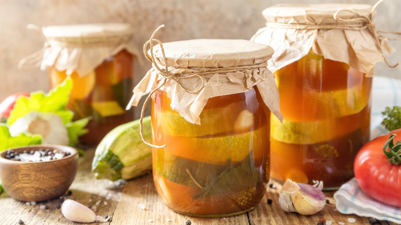 Sliced homemade fermented zucchini with vibrant green and pale yellow pieces packed in a glass jar on a wooden table.