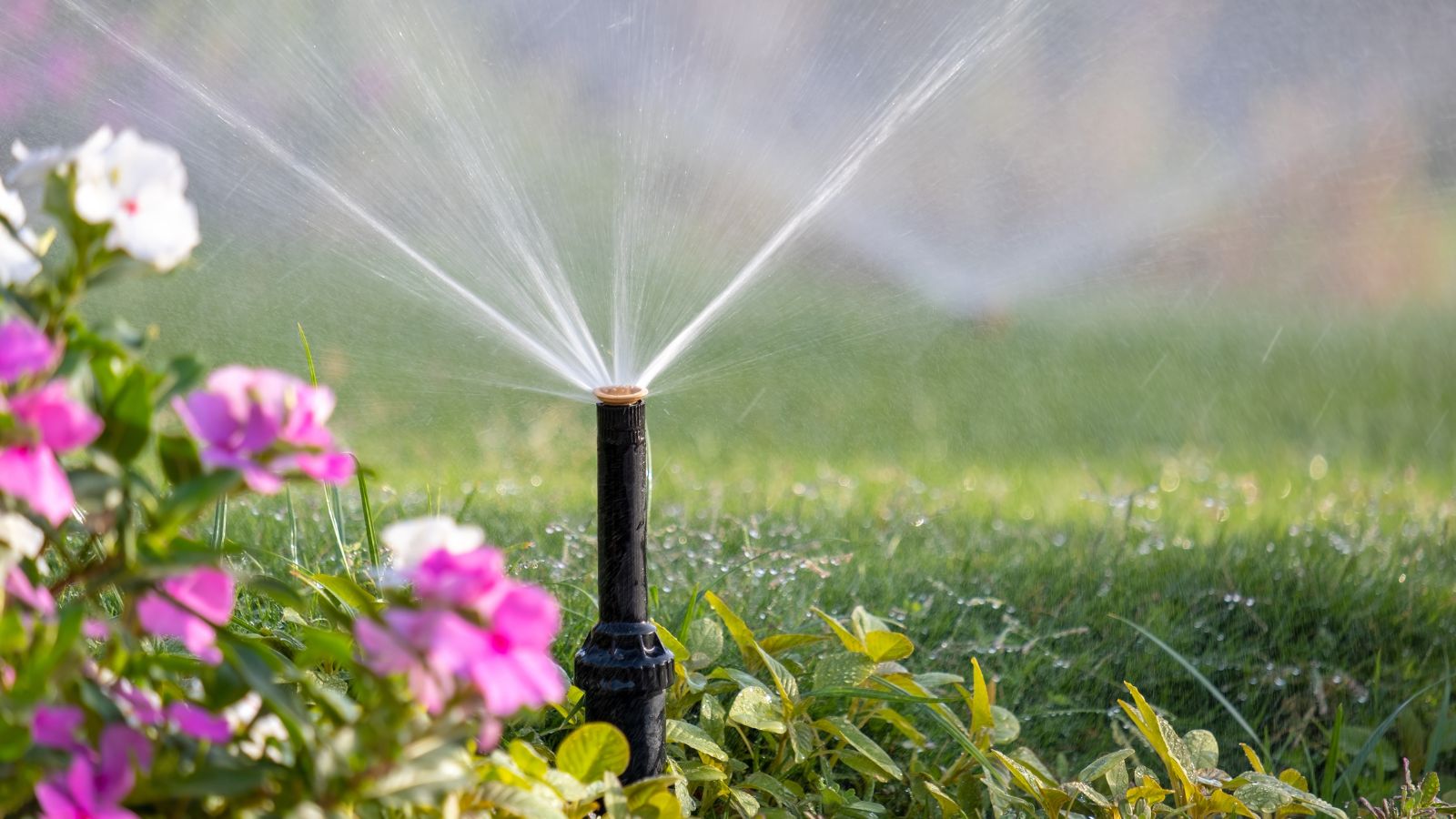 A close-up shot of a plastic automatic in-ground irrigation system in the process of watering flowers and grass in a garden area