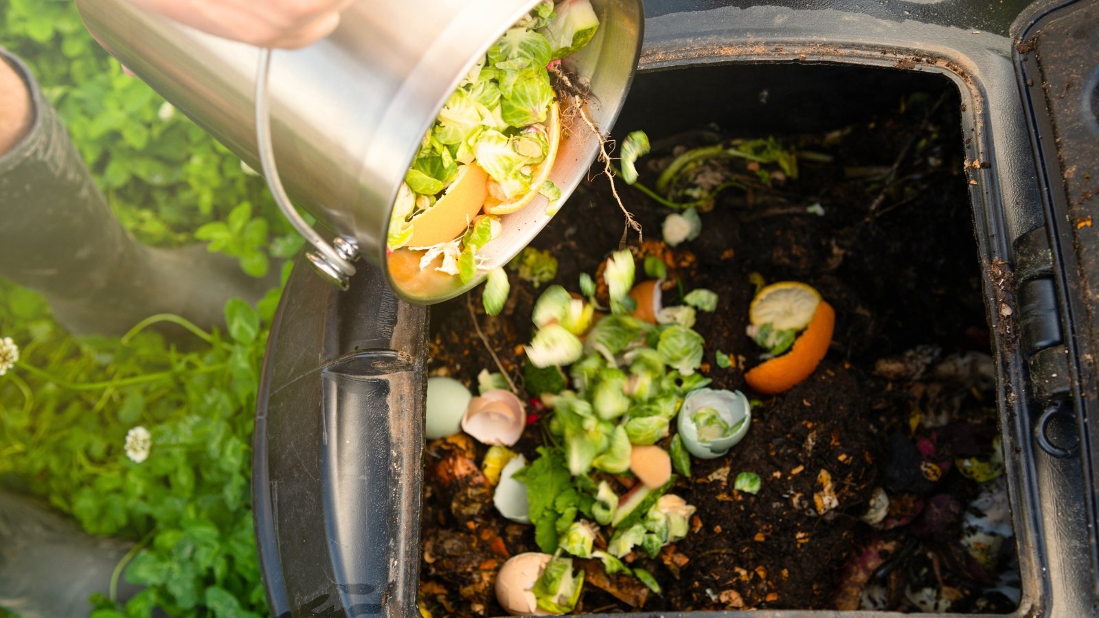 A woman empties kitchen waste from a bucket into a compost bin in the garden.