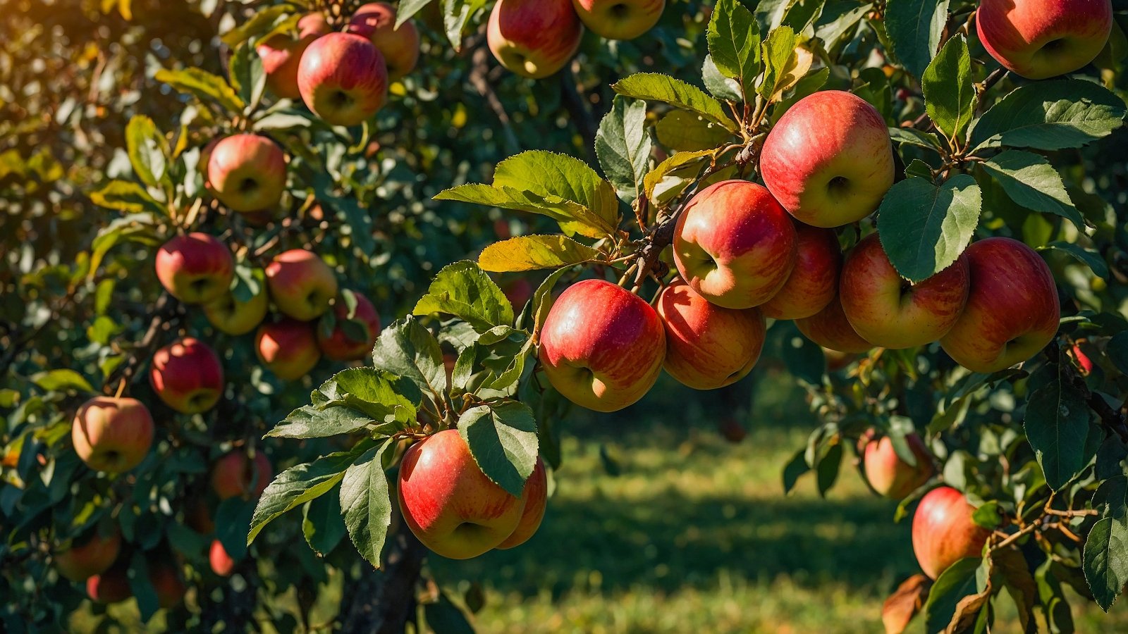 Branches laden with round red and green fruits, surrounded by glossy green leaves.
