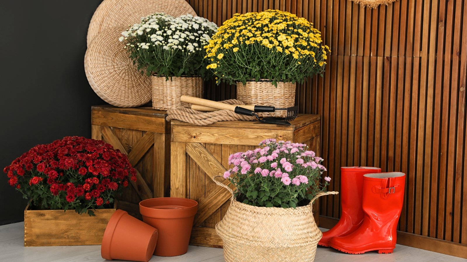 Blooming potted chrysanthemums with abundant bright yellow, red, white, and pink layered flowers surrounded by dense green lobed foliage are displayed in wooden and wicker planters inside a garage beside assorted gardening tools.