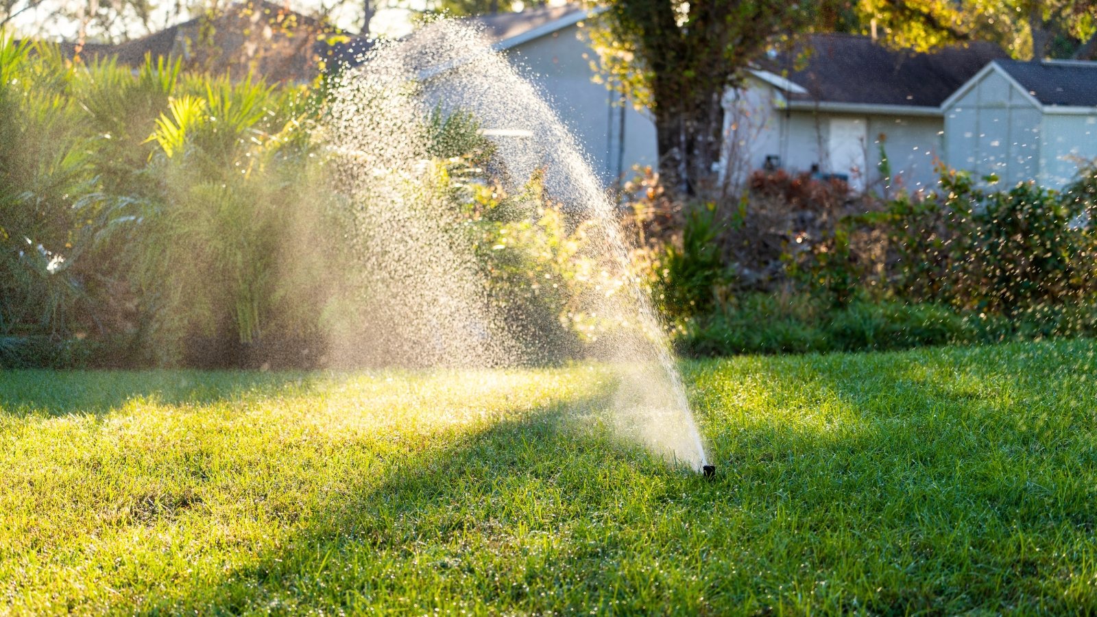 Lush green lawn being watered by an automated sprinkler, with fine water droplets glistening on the grass blades.