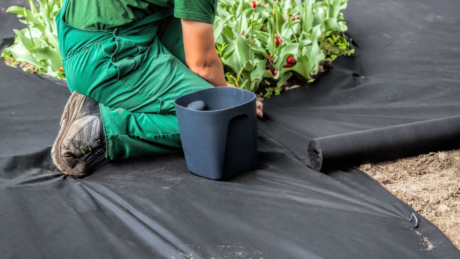 A close-up shot of a person in the process of installing weed barrier near developing flowering plants outdoors