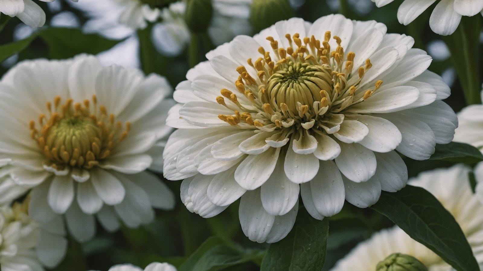 Clusters of white zinnia flowers with layered, symmetrical petals forming round, full blooms, standing on upright green stems with broad, slightly rough leaves.