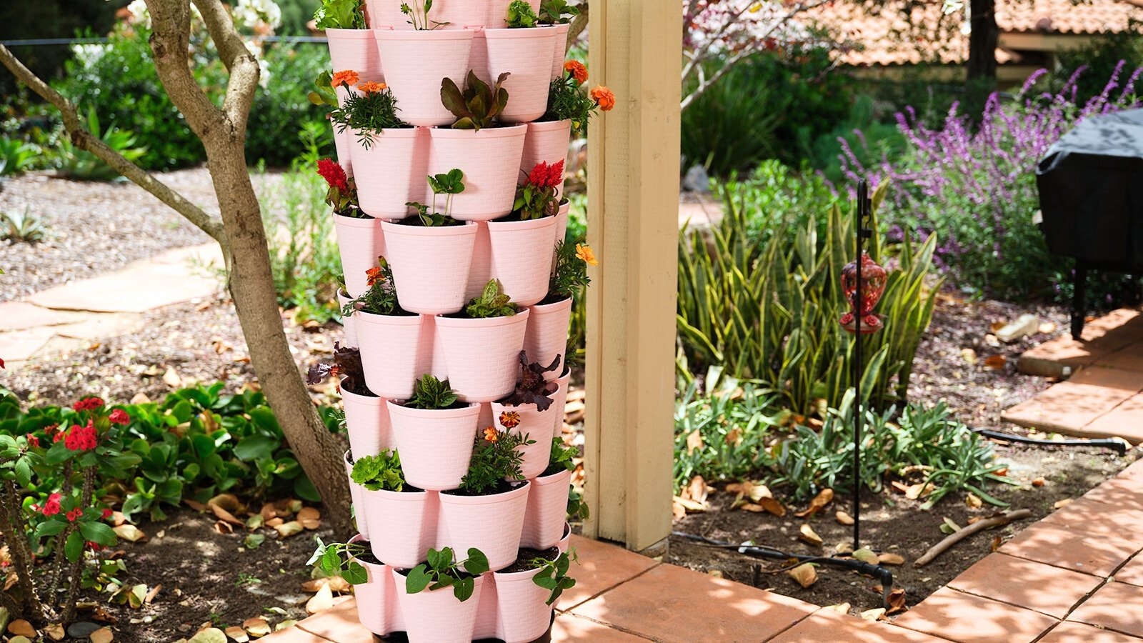 Various types of greenery and vibrant flowering plants flourish in a soft pink GreenStalk Planter, showcasing the beauty of vertical gardening systems in a sunny, blooming garden.