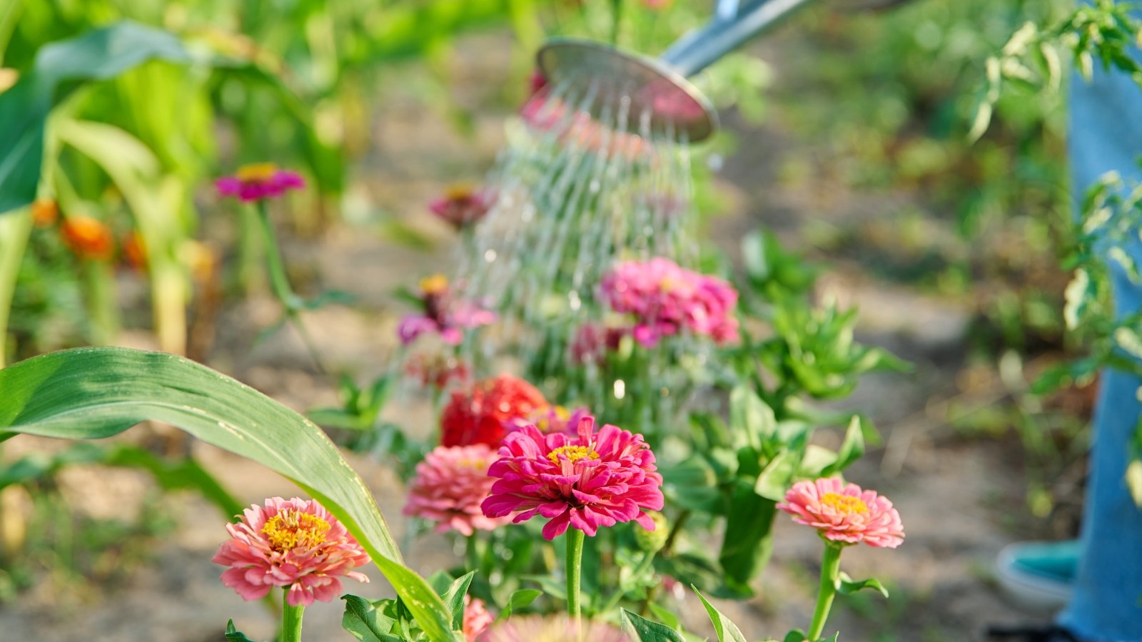 A gardener’s hands holding a watering can, sprinkling water over vibrant zinnia flowers in a sunny garden.