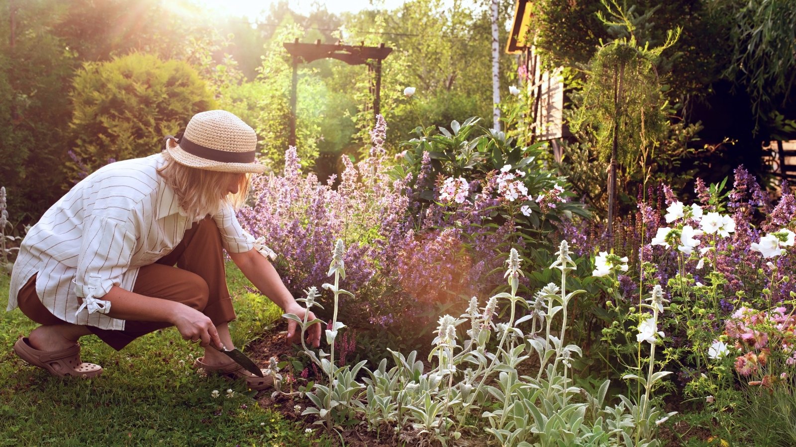 Young woman wearing a straw hat uses a small garden shovel to tend a vibrant flowerbed filled with blooming perennial and annual plants under bright sunlight.