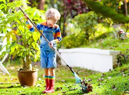 A child helping out with october gardening zones 3-5 appearing to hold a rake to organize leaves in a garden with lovely greens