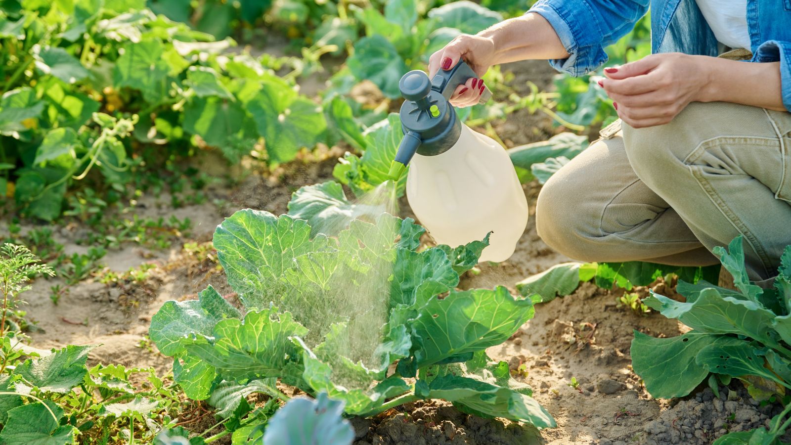 A close-up shot of a person in the process of using a mister to spray organic insecticide on a developing leafy crop, all situated in a well lit area outdoors