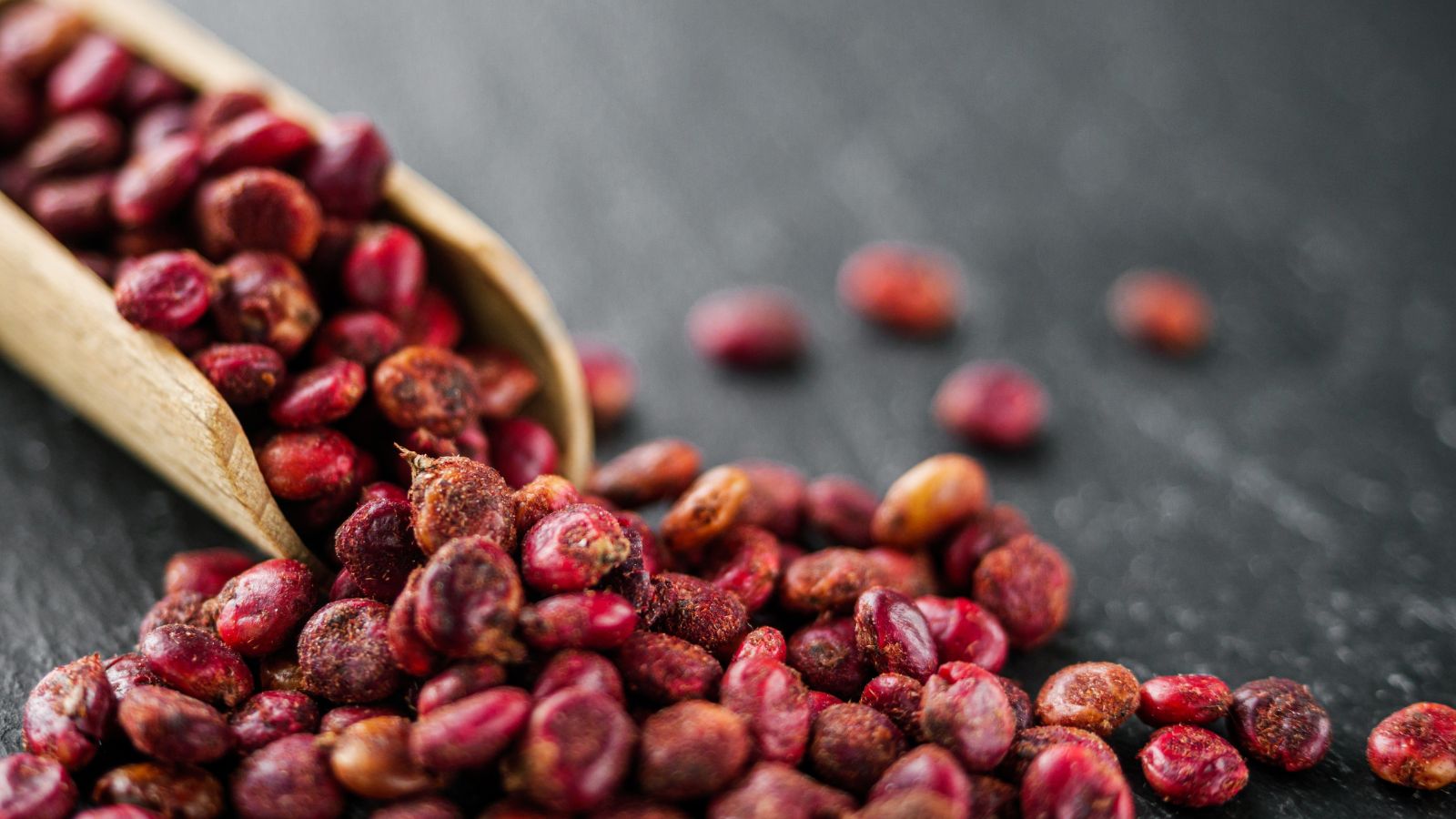 A close-up shot of a pile of dried red colored berries of a flowering shrub, placed along a wooden spoon in a well lit area indoors