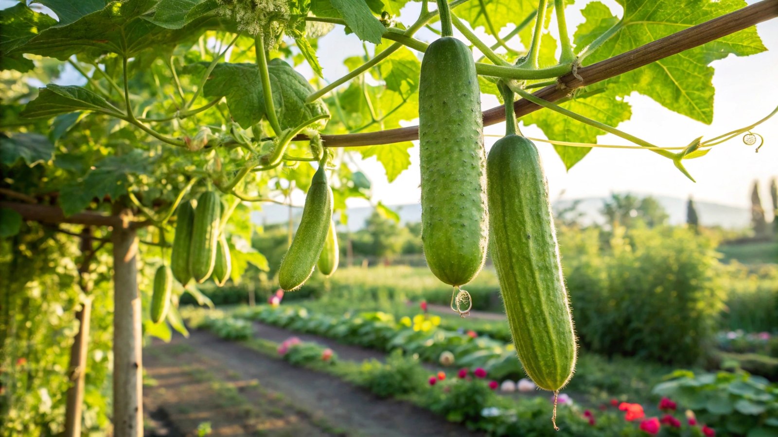 Climbing vines with broad green leaves support elongated cucumbers hanging beneath the foliage in a lush garden setting.