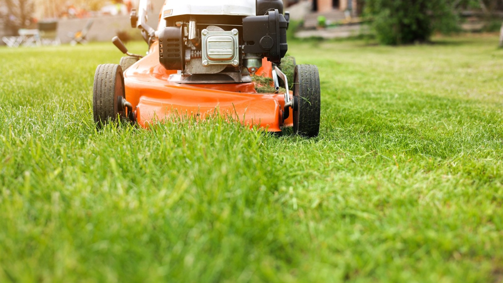 An electric lawn mower glides over a lush green lawn, trimming the grass evenly as it moves.