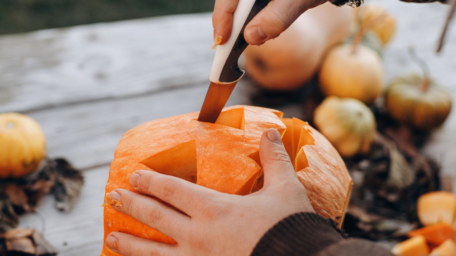 A man carves a large orange pumpkin, carefully cutting a face design into its thick, ribbed skin.