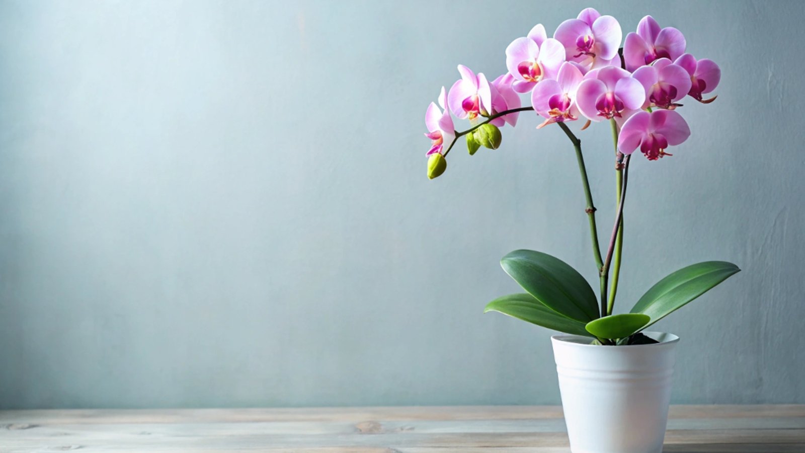 Blooming plant in a small white pot with arching stems of delicate pink flowers and elongated, smooth green leaves.