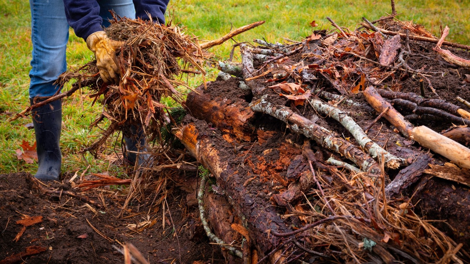 Person carefully layering thick wooden branches and shredded wood chips in a no-dig Hugelkultur raised bed, creating a structured, organic base for planting.