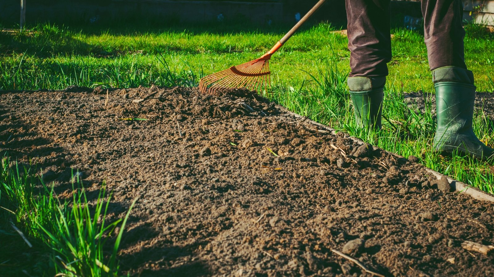 A gardener works with a garden fork to evenly spread rich loamy topsoil across a flower bed in preparation for sowing seeds.