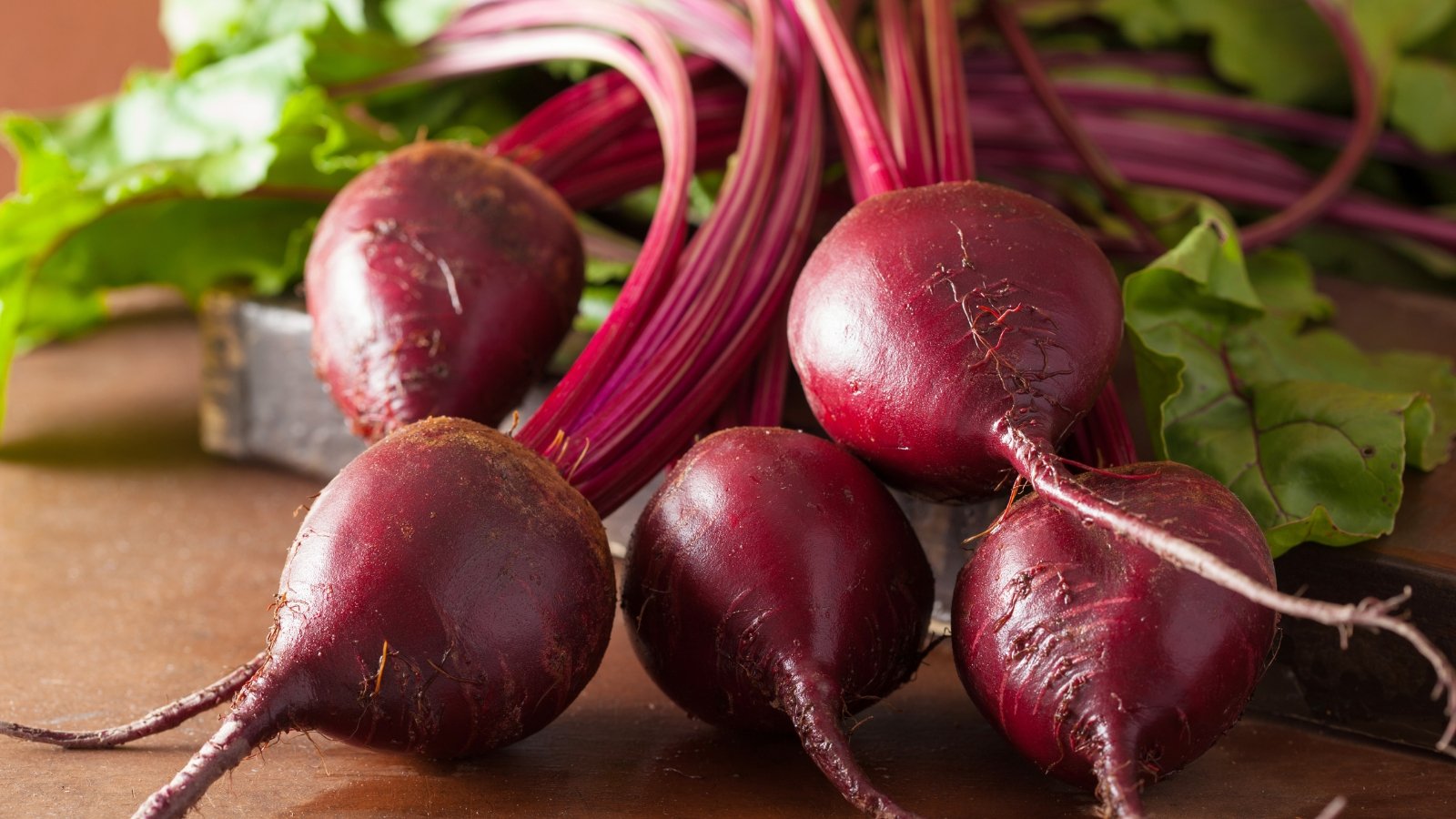 A fresh bunch of round, ruby-red roots with smooth skin, long reddish stems, and broad green leaves with striking red veins rests on the table.