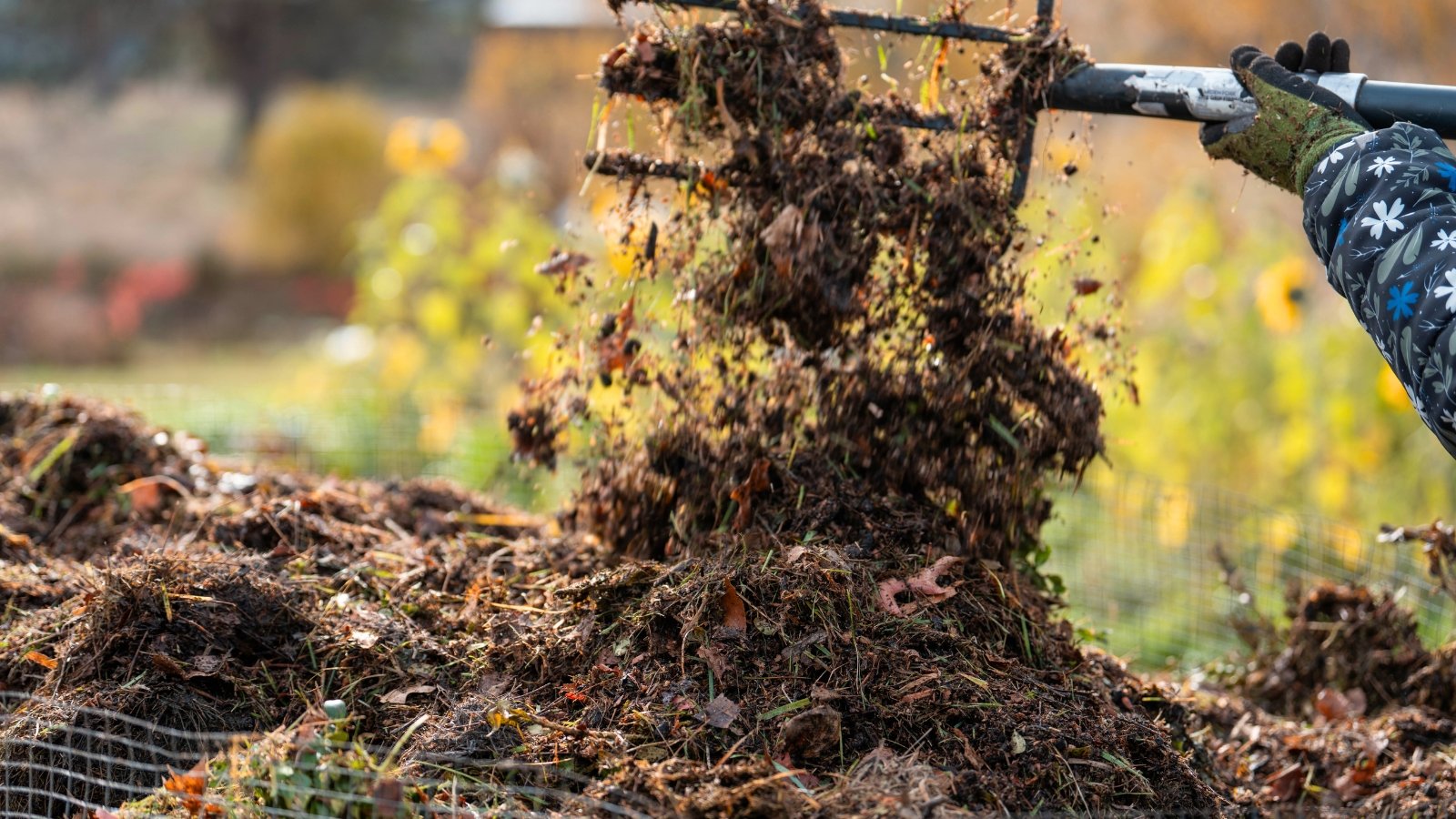 Close-up of female hands in gloves turning a compost pile using a large garden fork.