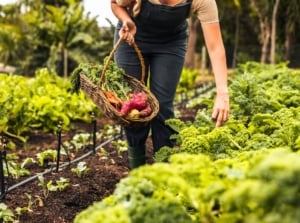 A close-up view of a person in overalls harvesting leafy green and purple-red vegetables into a wicker basket from an October kitchen garden.