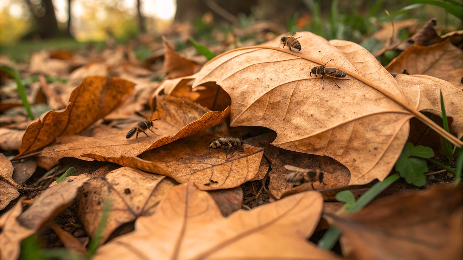A pile of dry brown leaves is teeming with small insects crawling among the curled, brittle foliage. 