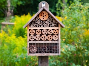 Garden pollinator hotel with compartments filled with hollow stems, drilled wood, and natural materials for insects.
