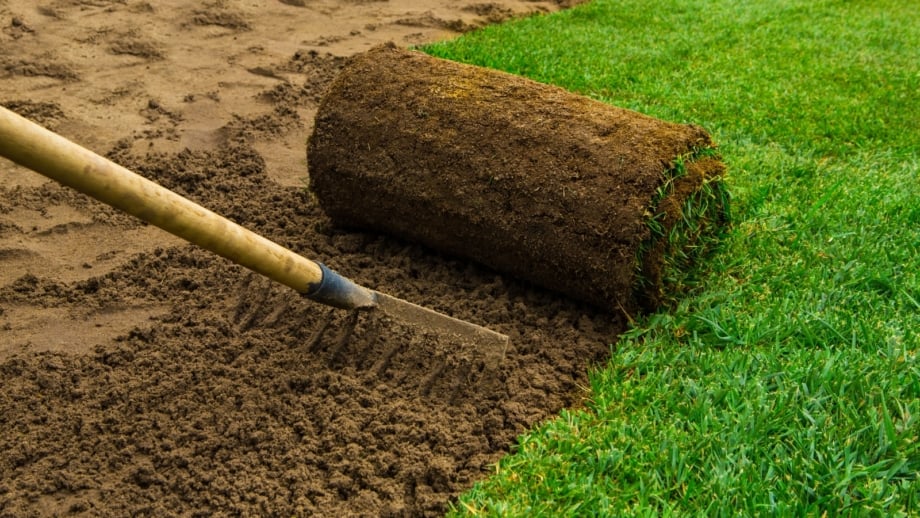 A gardener rakes the loose brown soil mix in a garden bed, preparing the surface before rolling out a layer of new green lawn.
