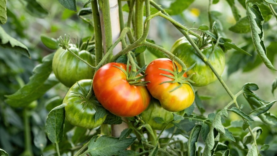 Describe in one short sentence (alt text) the appearance of the Close-up of large unripe and ripening tomatoes in green, yellow and red shades among jagged green foliage, demonstrating speed tomato ripening.