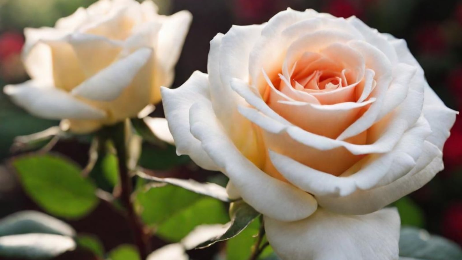 Delicate, creamy-white rose flower with an apricot touch featuring ruffled petals clustered atop slender stems, accompanied by dark green, glossy foliage.