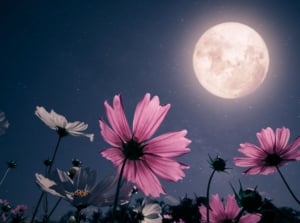 A base angle shot of a composition of developing flowers under a bright, full moon, showcasing moon phase gardening
