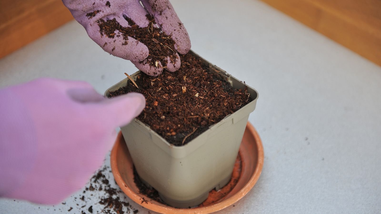 A close-up shot of a person in the process of adding compost to a pot filled with potting mix
