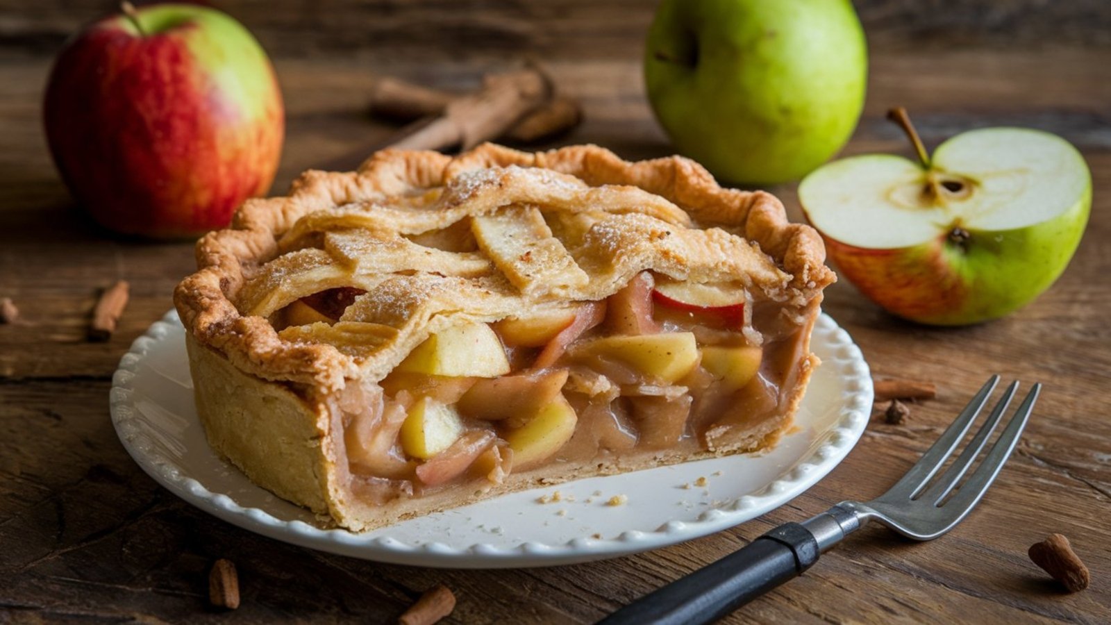 Golden-brown baked pie resting on a table surrounded by several scattered fresh red and green apples.
